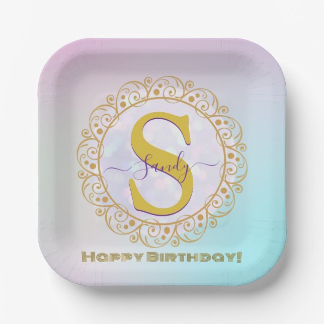 Personalized Monogram Mandala Gold and Blue Paper Plate (Front)