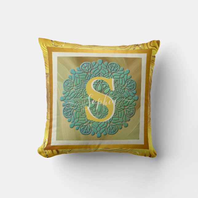 Personalized Monogram Mandala Gold and Blue Throw Pillow (Front)