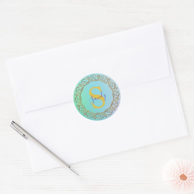 Personalized Monogram Mandala Gold and turquoise Classic Round Sticker (Envelope)