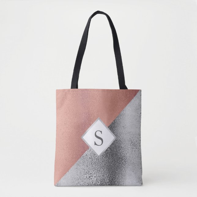 Personalized Monogram Metallic Rose Gold Silver Tote Bag (Front)