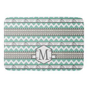 Personalized Monogram Mint Aztec Floral Pattern Bath Mat
