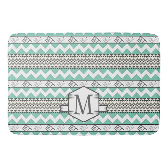 Personalized Monogram Mint Aztec Floral Pattern Bath Mat (Front)