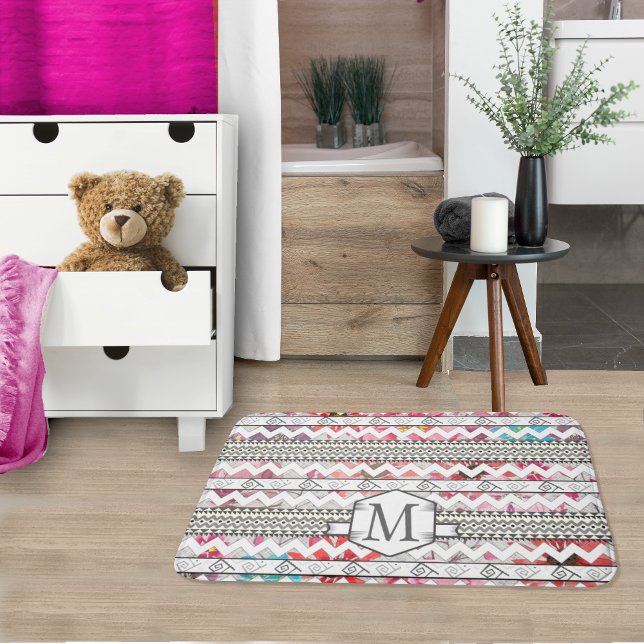 Personalized Monogram Mint Aztec Floral Pattern Bath Mat (Creator Uploaded)