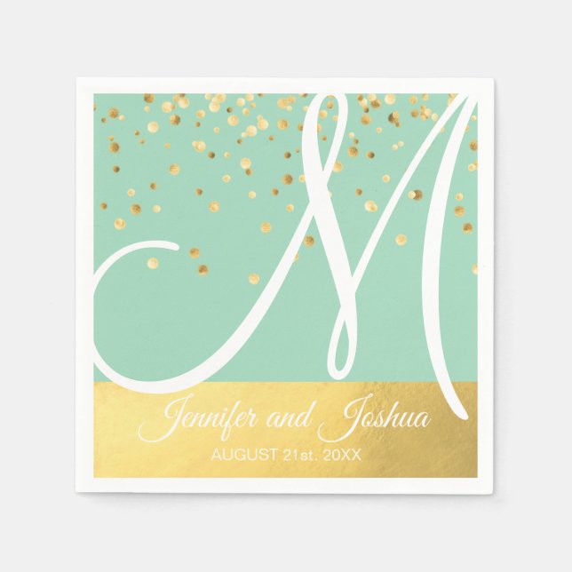 Personalized Monogram Mint Green Sage Gold Wedding Napkin (Front)