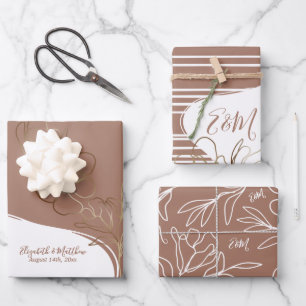Personalized Monogram Mocha Brown Floral Wedding Wrapping Paper Sheet