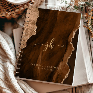 Personalized Monogram Mocha Brown Gold Agate 2025 Planner