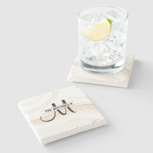 Personalized Monogram Modern Carrara Marble White  Stone Coaster