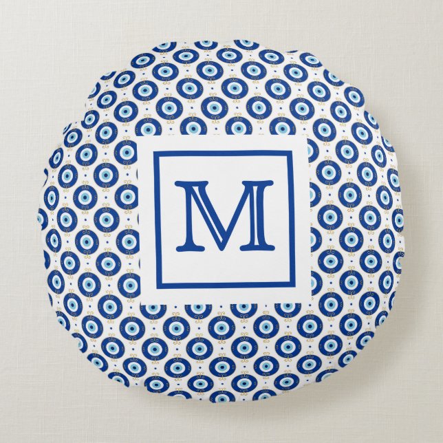 Personalized Monogram Modern Evil Eye Pattern  Round Pillow (Front)