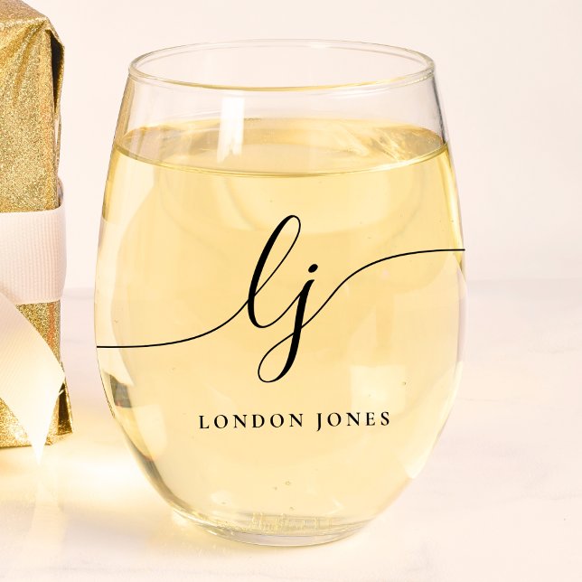 Personalized Monogram Modern Script Initials Name Stemless Wine Glass (Creator Uploaded)