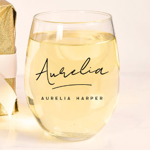 Personalized Monogram Modern Script Signature Name Stemless Wine Glass