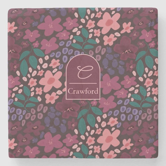 Personalized Monogram Moody Floral Stone Coaster (Front)