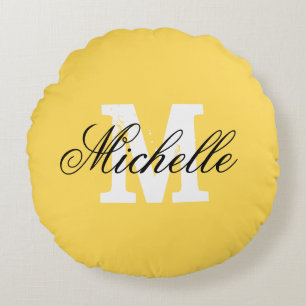 Personalized monogram mustard yellow round throw pillow