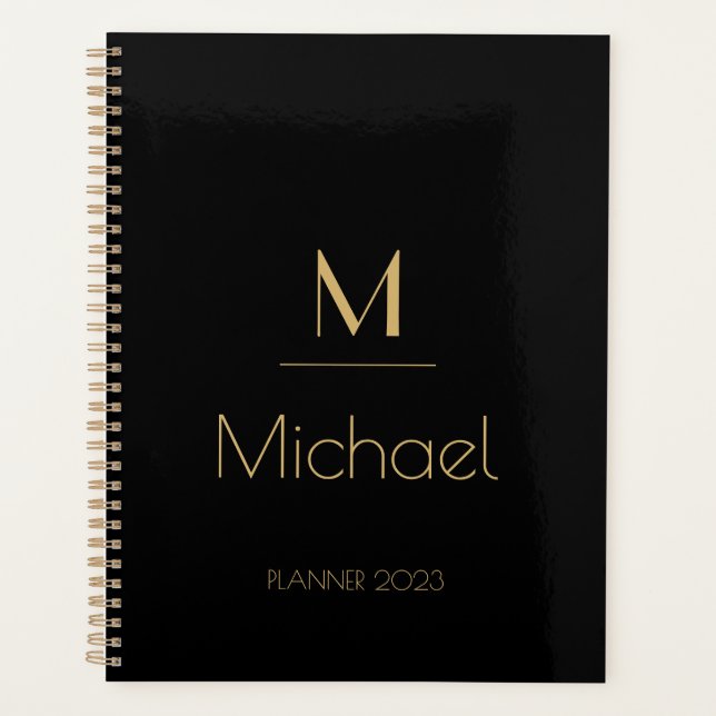 Personalized Monogram | Name Black & Gold  Planner (Front)