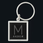 Personalized Monogram Name Black Silver Keychain<br><div class="desc">Black and Silver Modern and Understated Masculine Monogrammed initial and custom name personalized key chain in a classic minimal,  professional-looking sans-serif font for a simple and professional and modern look.</div>