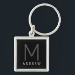 Personalized Monogram Name Black Silver Keychain<br><div class="desc">Black and Silver Modern and Understated Masculine Monogrammed initial and custom name personalized key chain in a classic minimal,  professional-looking sans-serif font for a simple and professional and modern look.</div>
