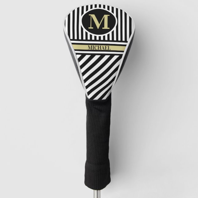 Personalized Monogram Name Black White Stripes  Go Golf Head Cover (Front)