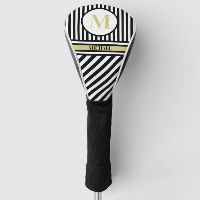 Personalized Monogram Name Black White Stripes  Golf Head Cover (Front)
