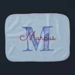 Personalized Monogram Name Blue Boy Burp Cloth<br><div class="desc">Monogrammed custom blue hand lettered initial and script name baby boy burp cloth. Add your baby's name and initial. You may also personalize for a girl's name too!</div>