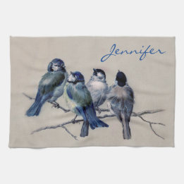 Personalized Monogram Name Blue Grey Birds Vintage Kitchen Towel