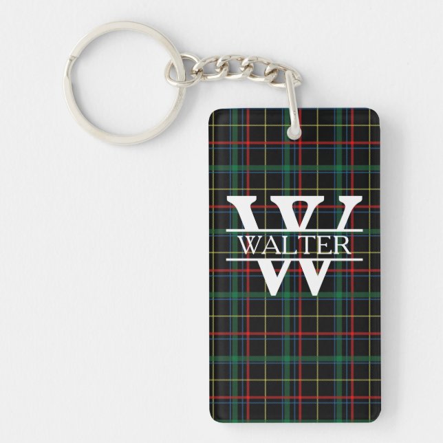 Personalized Monogram & Name Dark Plaid Keychain (Front)