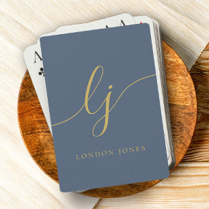 Personalized Monogram Name Navy Blue Gold Script Playing Cards