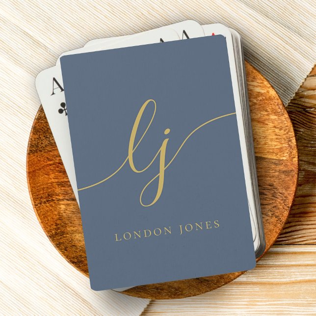 Personalized Monogram Name Navy Blue Gold Script Playing Cards (Creator Uploaded)