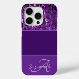 Personalized Monogram Name Purple Sequins Stripes iPhone 15 Pro Case