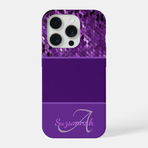 Personalized Monogram Name Purple Sequins Stripes iPhone 15 Pro Case