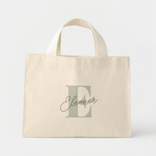 Personalized Monogram Name Sage Green Script Mini Tote Bag