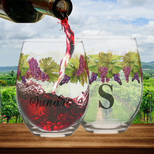 Personalized Monogram name Watercolor Grapes Stemless Wine Glass