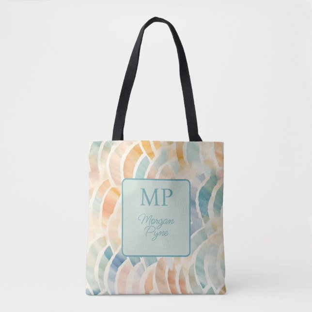 Personalized Monogram Name Watercolor Waves Tote Bag (Front)