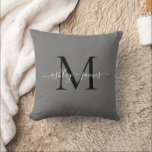 Personalized Monogram Names Wedding Throw Pillow<br><div class="desc">Chic monogrammed keepsake pillow with your names and monogram in white elegant handwritten script calligraphy and black modern typography on a dark grey background. Simply add your names and monogram. Exclusively designed for you by Happy Dolphin Studio. If you need any help or matching products, please contact us via our...</div>