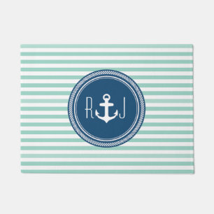 Personalized Monogram Navy and Seafoam Nautical Doormat