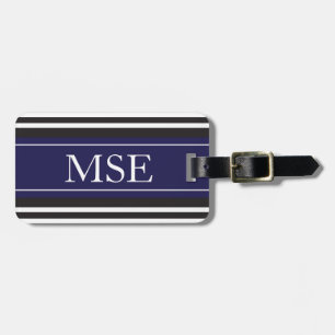 Personalized Monogram Navy Black Stripes Pattern Luggage Tag
