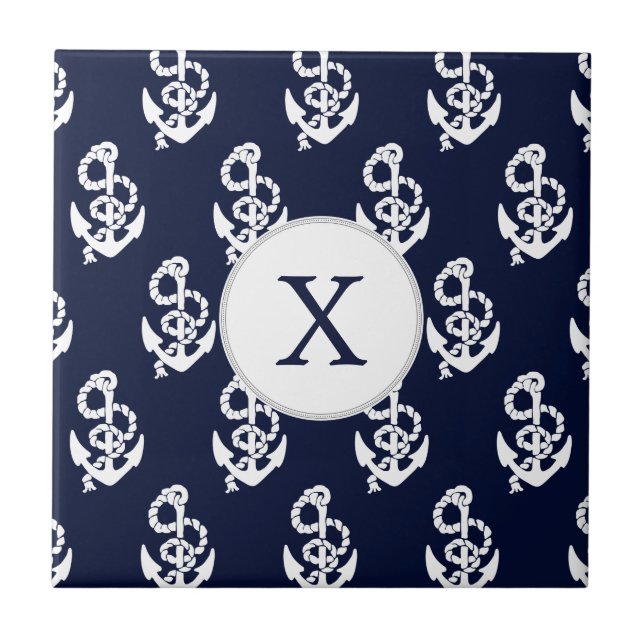Personalized Monogram Navy Blue Anchor Nautical Tile (Front)