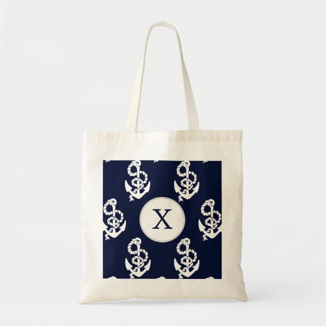 Personalized Monogram Navy Blue Anchor Nautical Tote Bag (Front)