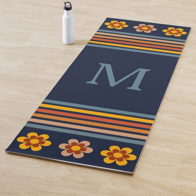Personalized monogram Navy Blue retro floral Yoga Mat (In Situ)