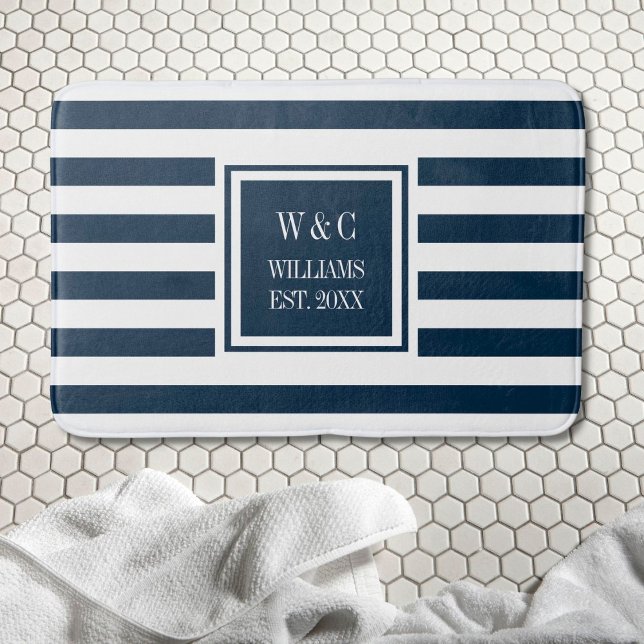 Personalized Monogram Navy Blue White Stripe Bath Mat (Personalized Monogram Navy Blue White Stripe Bath Mat)