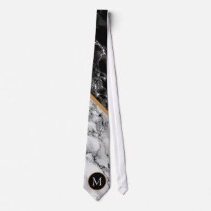 Personalized Monogram Neck Tie Black White Marble