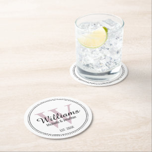 Personalized Monogram Newlywed Blush Pink Round Paper Coaster