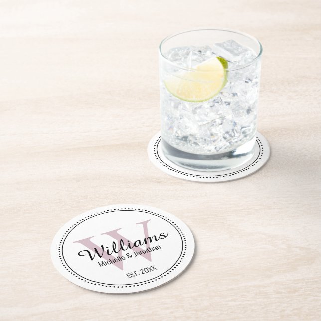 Personalized Monogram Newlywed Blush Pink Round Paper Coaster (Insitu)