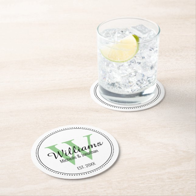 Personalized Monogram Newlywed Green Round Paper Coaster (Insitu)