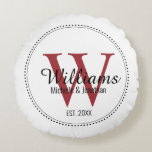 Personalized Monogram Newlywed Red  Round Pillow<br><div class="desc">Personalized Monogram Newlywed Red Dotted Border round pillow. The dotted border is reminiscent of milgrain,  which is a jewellery-detailing technique often used for engagement and wedding rings. The milgrain border adds both a modern and elegant style to this pillow.</div>