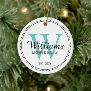 Personalized Monogram Newlywed Teal Green Milgrain Ceramic Ornament