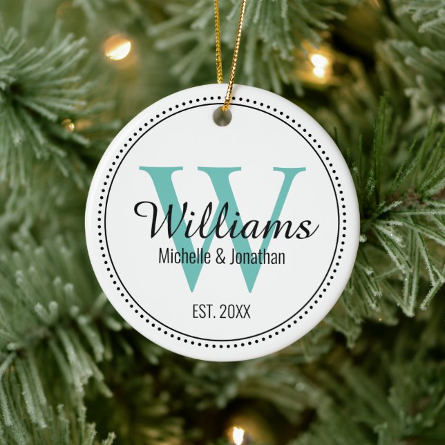 Personalized Monogram Newlywed Teal Green Milgrain Ceramic Ornament (Tree)