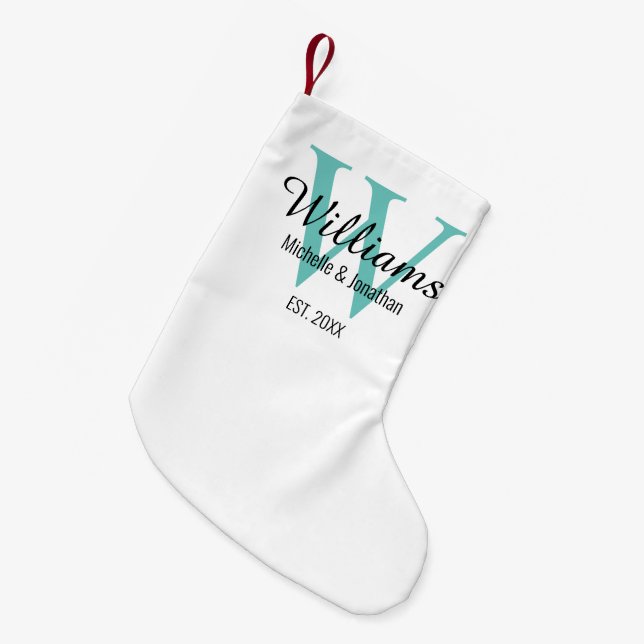 Personalized Monogram Newlywed Teal Green Small Christmas Stocking (Front (Hanging))