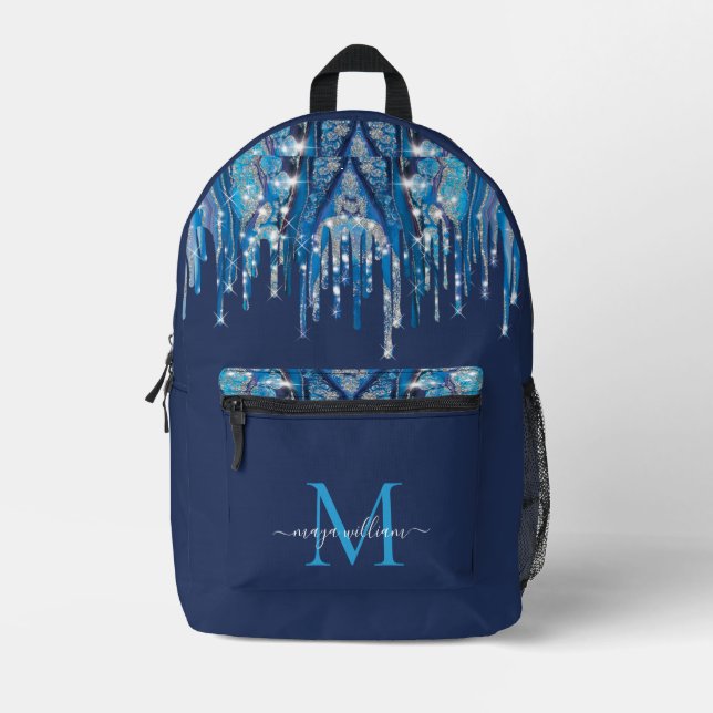 Personalized Monogram Novy Blue Glitter Drips  Printed Backpack (Front)