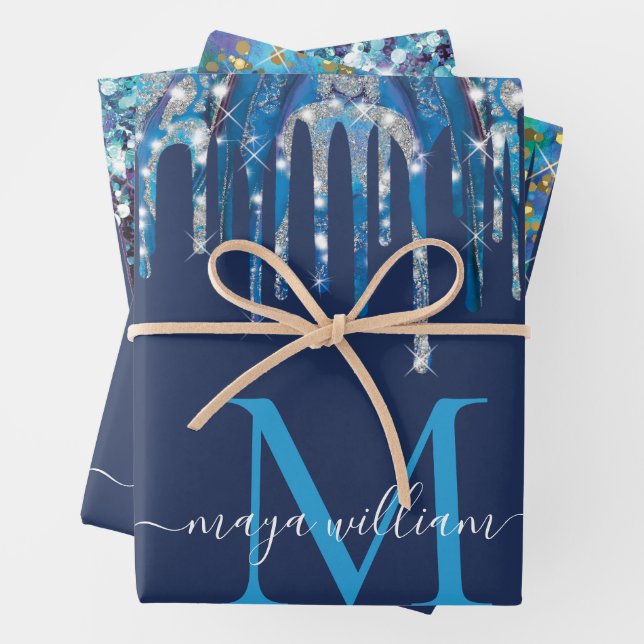 Personalized Monogram Novy Blue Glitter Drips  Wrapping Paper Sheet (In situ)