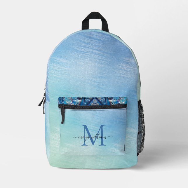 Personalized Monogram Novy Blue Glitter  Printed Backpack (Front)