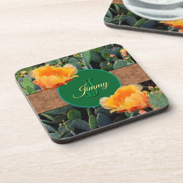 Personalized Monogram Orange Prickly Pear Cactus 2 Coaster (Left Side)
